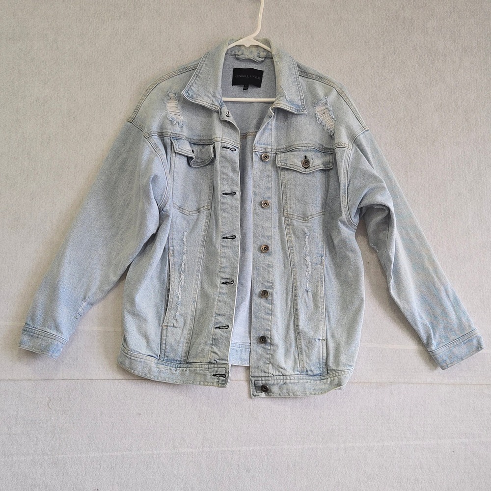 Kendall + Kylie Light Wash Distressed Denim Jacket KKTALL18J32 Small Oversized